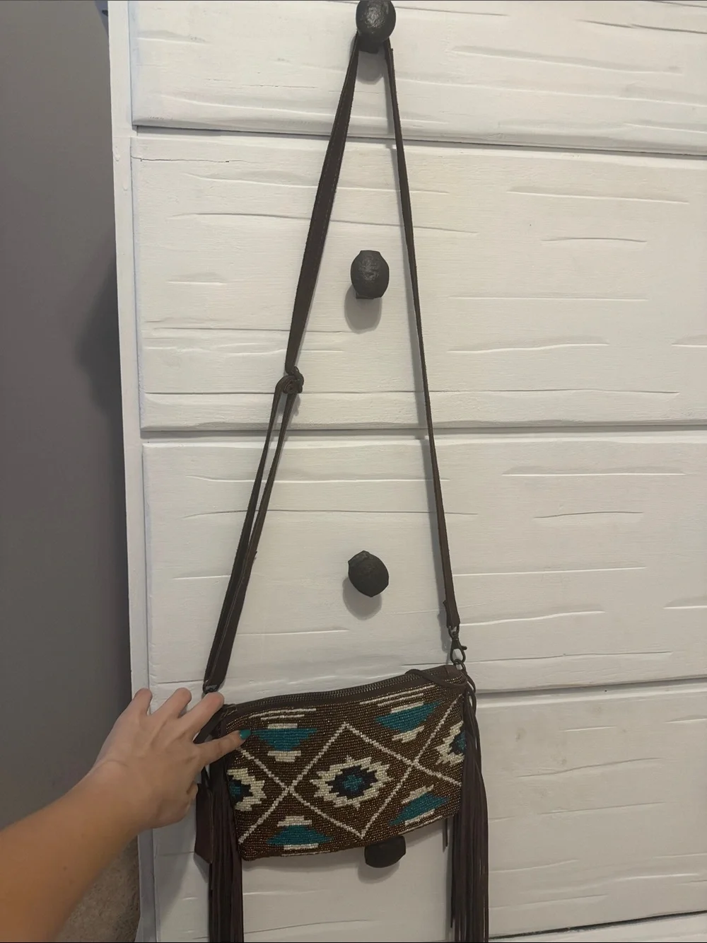 Brown Aztec Crossbody Bag with Turquoise Accents